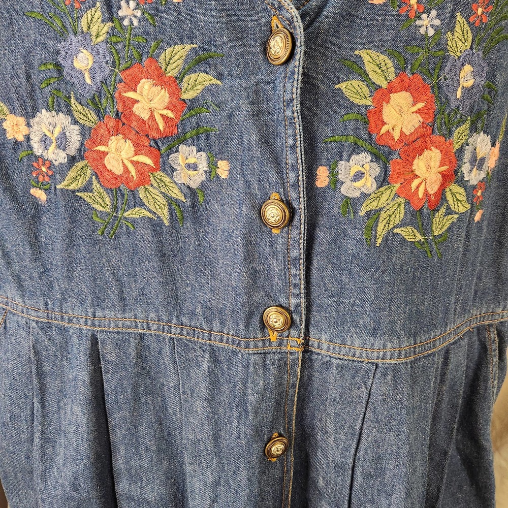 Jane Ashley Blue Denim Maxi Dress with Red & Yellow Floral Embroidery - Picture 5 of 10